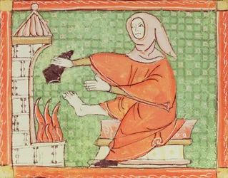 Fol.58r Únor: Ohřívání u ohně (pergamen)